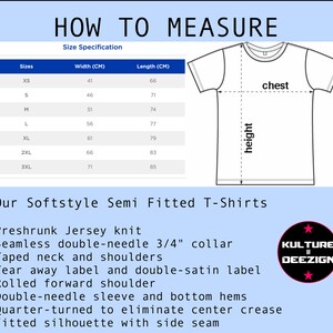 May include: A size chart for softstyle semi-fitted t-shirts with measurements in centimeters. The chart shows the width and length of the shirts in different sizes, from XS to 3XL. The chart also includes a diagram of a t-shirt with labels for "chest" and "height" to show how to measure the garment.