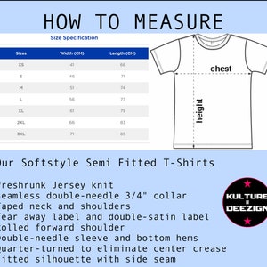 May include: A size chart for softstyle semi-fitted t-shirts with measurements in centimetres. The chart shows the width and length of the shirts in different sizes, from XS to 3XL. The chart also includes a diagram of a t-shirt with labels for "chest" and "height" to show how to measure the garment.