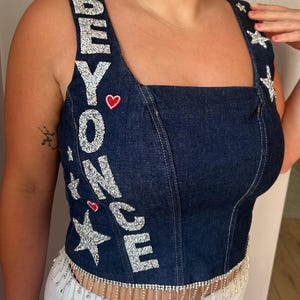 Beyoncé Cowboy Carter Tour 2025 Top | Gorset z dżinsu | Akcesoria koncertowe | Renesans | Strój w stylu Beyonce | Kostium kowbojki z diamentami