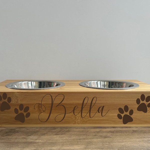 Personalised Bamboo & Stainless Steel 2 Bowl Raised Pet Feeder - Wooden - Double Dog Bowl - New Dog -