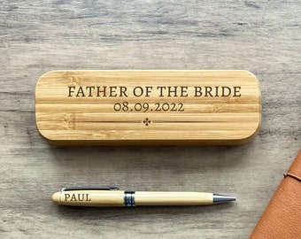 Personalised Wooden Bamboo Ball Point Pen or Fountain Pen and Case Set - Father of the Bride or Groom - Best Man - Wedding Party