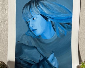 May include: A blue and black painting of a person with blue hair and a blue shirt. The person is looking to the left of the image. The painting is signed with three lines in the bottom right corner.