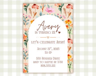May include: A floral-themed invitation for Avery's 22nd birthday party. The invitation features a watercolour background with pink, orange, and yellow flowers. The text reads "Avery is turning 22" and "Let's celebrate Avery!" with the date, time, and location of the party.