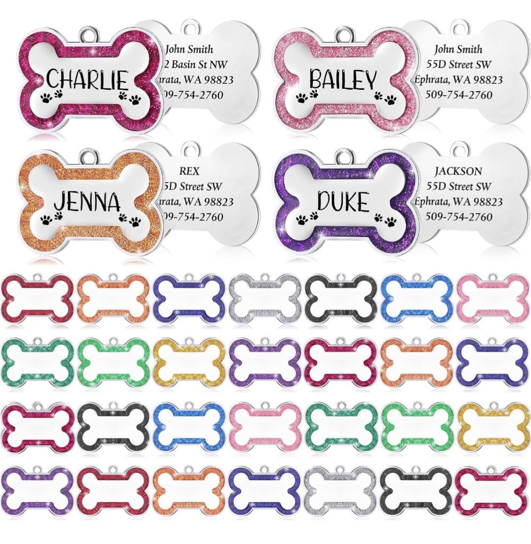 Personalized Dog Tags With Glitter, Pet ID Tags, Metal Bone Shape Name ...