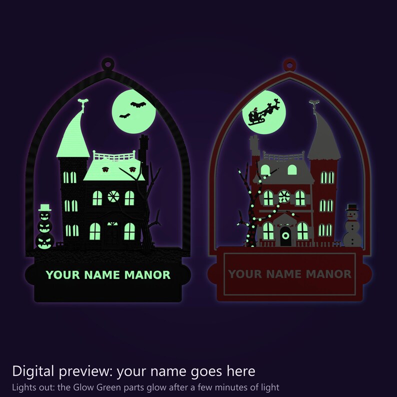Small Double-Sided Haunted Manor Ornament 4.3 x 6.3 in, MADD Manor or Custom Name, Halloween and Christmas, Glow in the Dark image 6