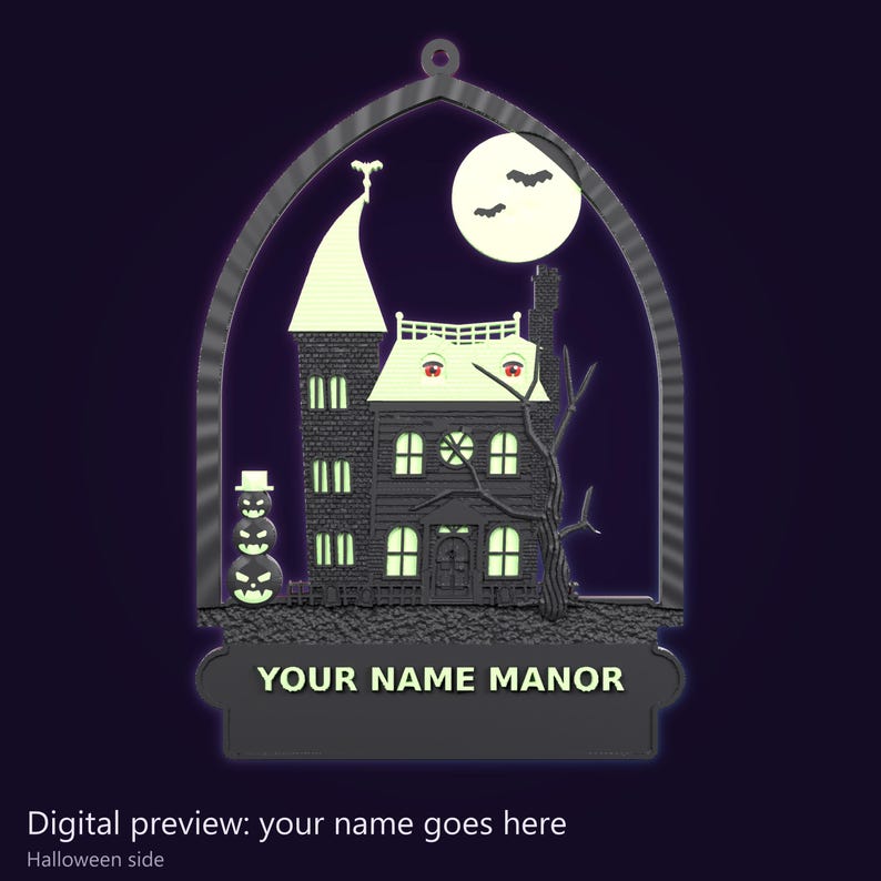 Small Double-Sided Haunted Manor Ornament 4.3 x 6.3 in, MADD Manor or Custom Name, Halloween and Christmas, Glow in the Dark image 4