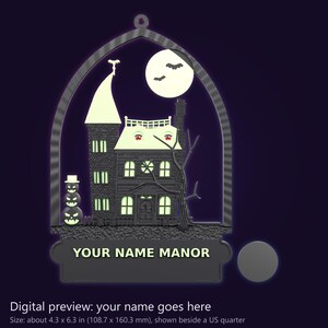Small Double-Sided Haunted Manor Ornament 4.3 x 6.3 in, MADD Manor or Custom Name, Halloween and Christmas, Glow in the Dark image 3