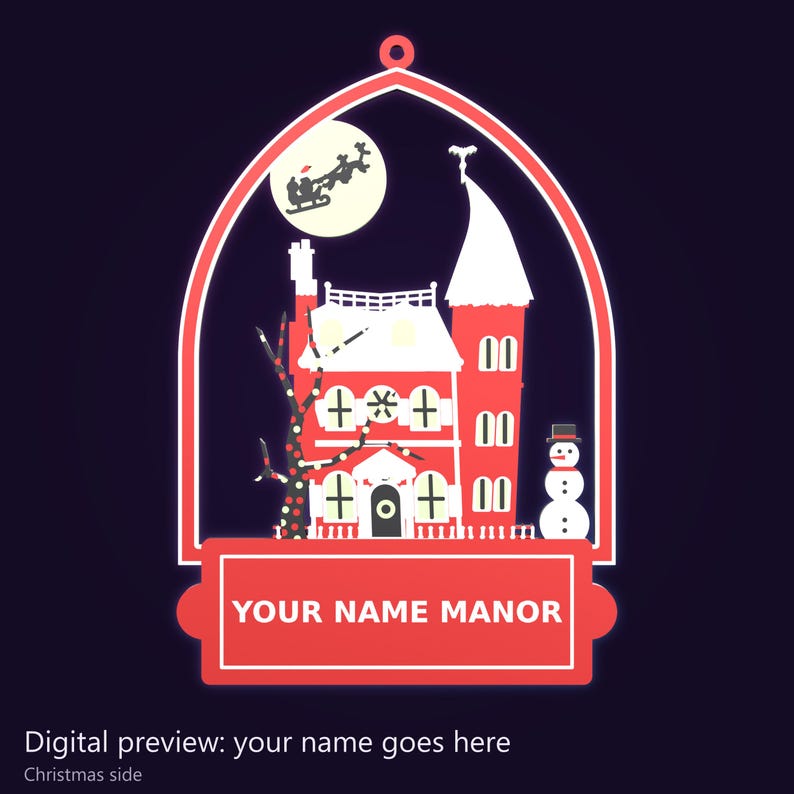 Small Double-Sided Haunted Manor Ornament 4.3 x 6.3 in, MADD Manor or Custom Name, Halloween and Christmas, Glow in the Dark image 5