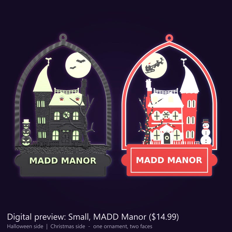Small Double-Sided Haunted Manor Ornament 4.3 x 6.3 in, MADD Manor or Custom Name, Halloween and Christmas, Glow in the Dark image 2