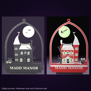 Personalisiertes, doppelseitiges Namensschild „Spukhaus“, Halloween- und Weihnachtsdekoration, 30 cm, im Dunkeln leuchtend, individuelles Herrenhaus-Ornament Bild 1