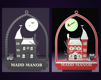 Personalized Double-Sided Haunted Manor, Halloween and Christmas Name Sign, 12 in Glow in the Dark Custom Manor Ornament