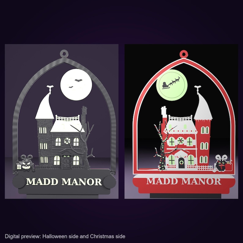 Personalisiertes, doppelseitiges Namensschild „Spukhaus“, Halloween- und Weihnachtsdekoration, 30 cm, im Dunkeln leuchtend, individuelles Herrenhaus-Ornament Bild 1