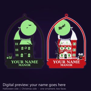 Personalisiertes, doppelseitiges Namensschild „Spukhaus“, Halloween- und Weihnachtsdekoration, 30 cm, im Dunkeln leuchtend, individuelles Herrenhaus-Ornament Bild 6