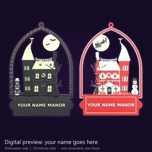 Small Double-Sided Haunted Manor Ornament 4.3 x 6.3 in, MADD Manor or Custom Name, Halloween and Christmas, Glow in the Dark image 1