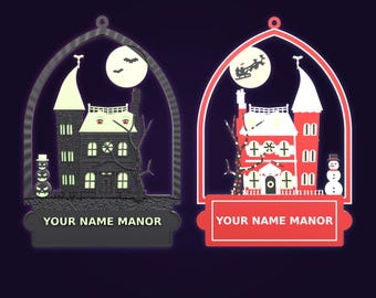 Kleine, doppelseitige Haunted Manor-Weihnachtsbaumkugel, 11 x 16 cm, MADD Manor oder individueller Name, Halloween und Weihnachten, leuchtet im Dunkeln