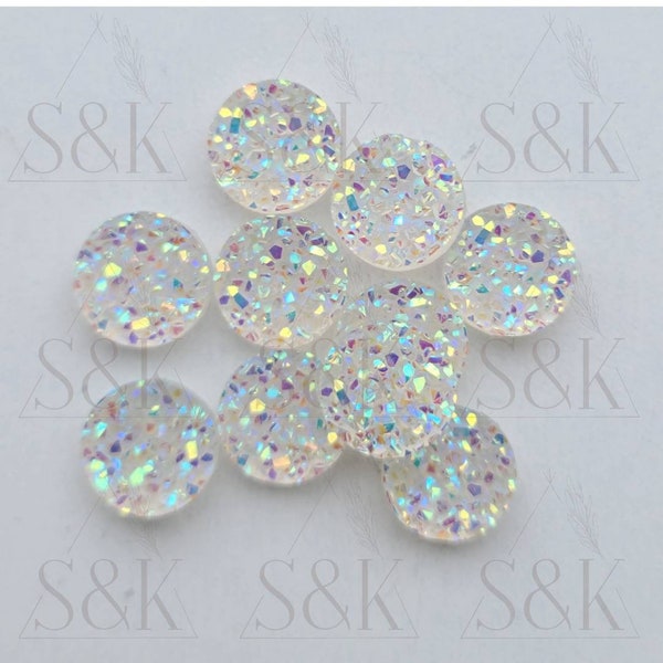 12mm/10mm/8mm Clear Glitter Druzy set of 10 Round Cabochon DIY Jewelry