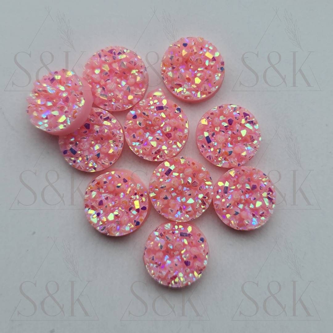 12mm/10mm/8mm Pink Glitter Ore Faux Druzy Set of 10 Round Cabochon DIY ...