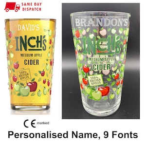 Personalised Name Engraved Inch&#39;s Cider 1 Pint Glass. 20oz. Personalised with your name! Cider lovers dream. Lots of fonts to pick from!