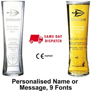 Personalised Engraved Strongbow 1 Pint Glass. 20oz. Personalised with your name or message ! Beer/lager lovers dream. Lots of fonts. Custom