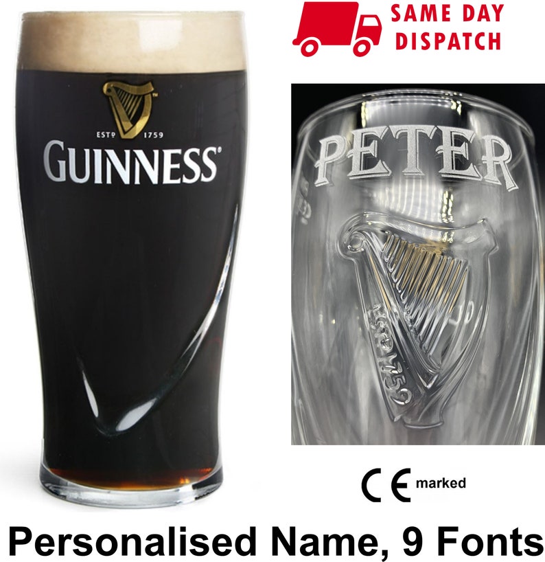 May include: A personalized Guinness pint glass with the name "PETER" etched on the front. The glass features the Guinness harp logo and the text "ESTD 1759 GUINNESS".