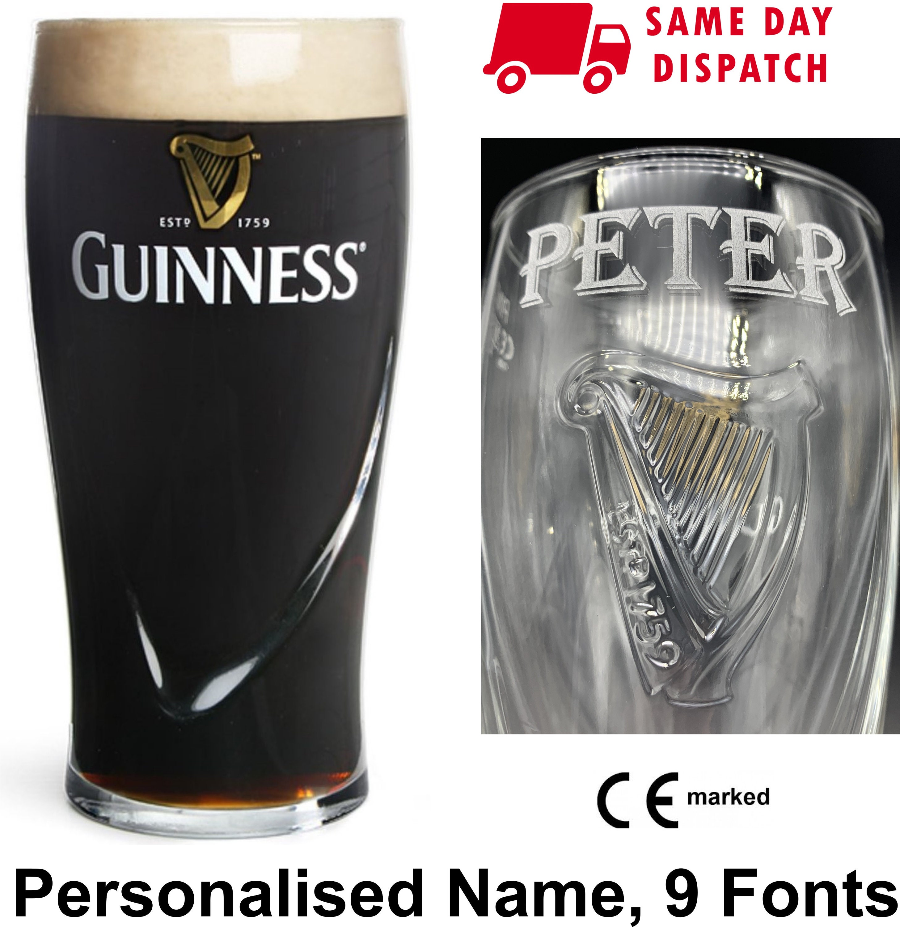 Personalised Name Engraved Guinness 1 Pint Glass. 20oz