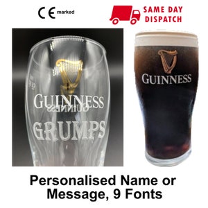 Personalised Name Engraved Guinness 1 Pint Glass. 20oz. Personalised with your name! Beer lovers dream. Lots of fonts to pick from.!