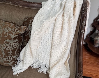 Handmade Textured Crochet Blanket - 50x60" - White - Bobble Stitch + Fringe - Cozy + Chic