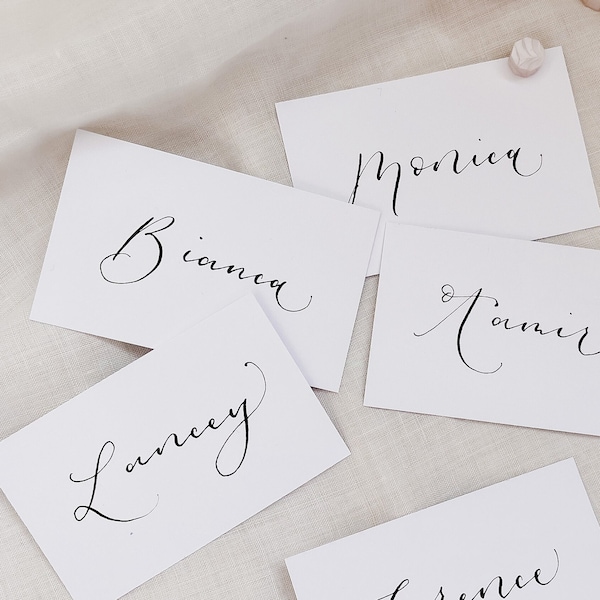 Elegant Calligraphy Flat or Tent Place Cards for your wedding, engagement, bridals shower. Classic and Rustic.