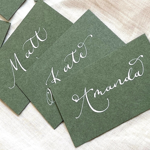 Green calligraphy flat place cards; green with white text; xmas and celebration dinner, weddings; sage seedling green