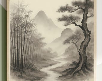 May include: A framed watercolour painting showing a misty mountain landscape in shades of grey and beige. A winding river flows through the scene, with bamboo trees on the left and a large tree on the right. The artwork evokes a sense of tranquility.