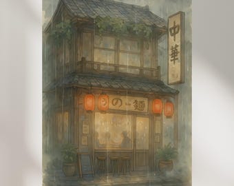 Cosy Rainy Ramen Shop muurkunst – afdrukbaar
