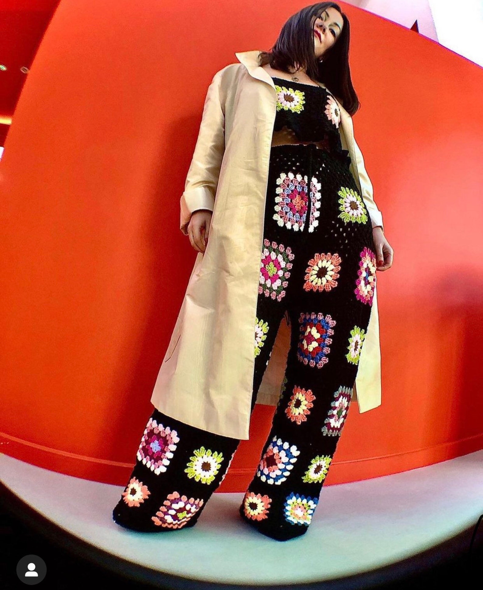 Crochet patchwork trousers and top, £190