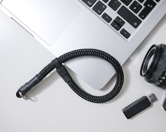 May include: A black camera strap with a silver ring, a black USB drive, a silver laptop, and a black camera lens.