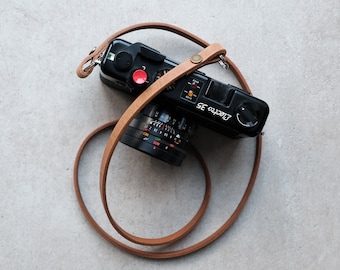 Extra slim leather camera strap with vintage rivets – Handmade | 1 cm wide | Perfect gift for photographers | Analog DSLR cameras