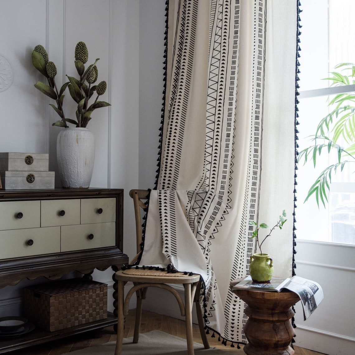 Boho Nordic Drapes Boho Vorhänge 2 Panels Baumwolle Leinen Etsy