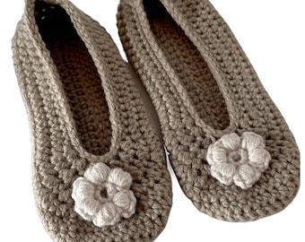 Hand crocheted ladies ballet style indoor slippers in a range of colours, sizes and optional flower decor. Super comfortable and easy care