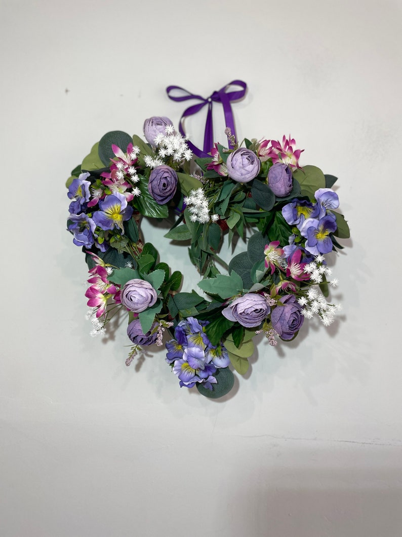 Heart Wreath Spring Summer Wreath Heart Flower Wreath Summer Purple Wreath Heart Door Wreath Floral Heart Wreath Farmhouse Decor by Florina image 9