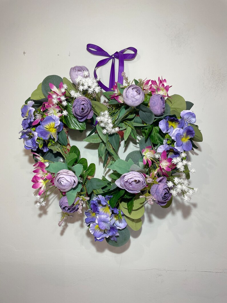 Heart Wreath Spring Summer Wreath Heart Flower Wreath Summer Purple Wreath Heart Door Wreath Floral Heart Wreath Farmhouse Decor by Florina image 1