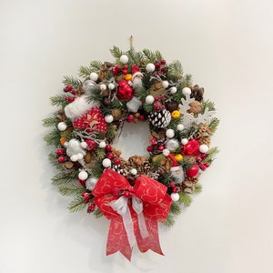Winter wreath with red mitten berries Red bow Christmas wreath front door Ornament wreath holiday Farmhouse wreath forest 18 inches Florina