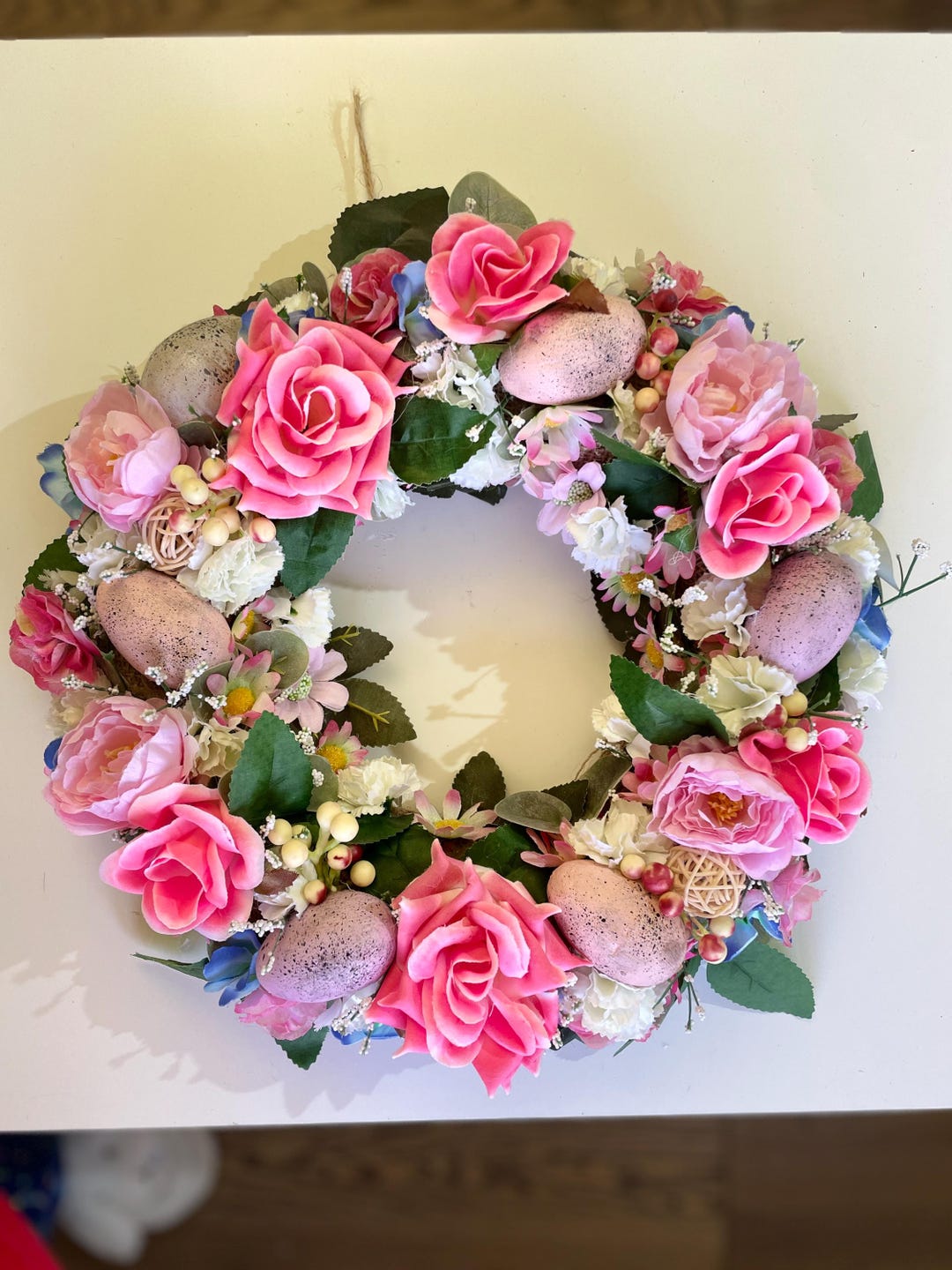 Pink Easter Door Wreath With Rose Peony Eggs , Pastel Floral Home Decor ...