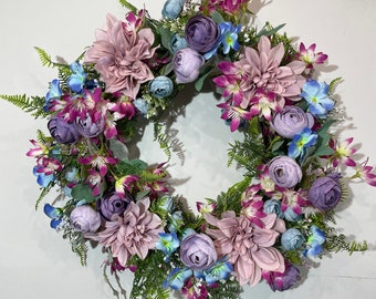 Spring Summer Door Wreath Summer Wreath for front Door Purple Blue Wreath Farmhouse Door Wreath Artificial Flower Wreath Home Decor Florina