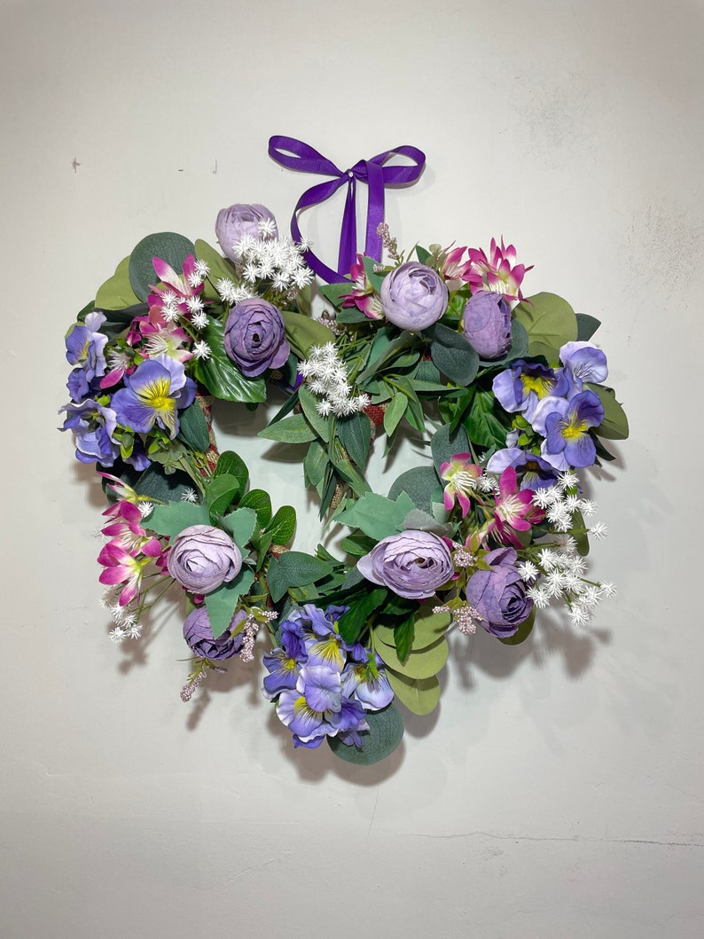 Heart Wreath Spring Summer Wreath Heart Flower Wreath Summer Purple Wreath Heart Door Wreath Floral Heart Wreath Farmhouse Decor by Florina image 10