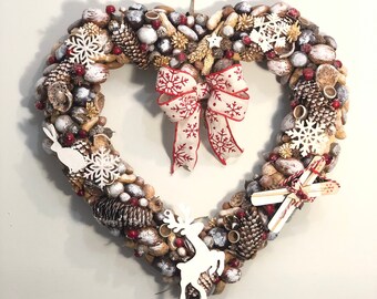 Christmas Heart Wreath Pinecone Heart Wreath Heart Wreath for front Door Natural Heart Wreath Rustic Heart Wreath White Heart Wreath Florina