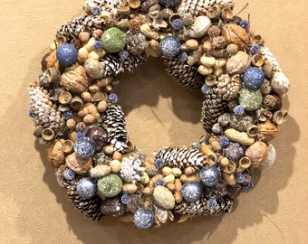 Winter wreath for front door Christmas wreath blue Pinecone nuts  wreath  Holiday farmhouse door  decor Winter rustic wreath 16x16 Florina