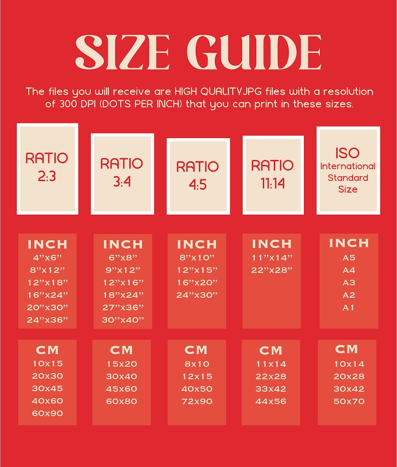 May include: A red chart with a white border showing different print sizes in inches and centimetres. The chart is titled "Size Guide" and includes the text "The files you will receive are HIGH QUALITY JPG files with a resolution of 300 DPI (DOTS PER INCH) that you can print in these sizes." The chart is divided into five columns, each with a different aspect ratio: 2:3, 3:4, 4:5, 11:14, and ISO International Standard Size. Each column lists the corresponding print sizes in inches and centimetres.