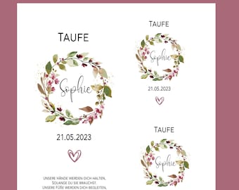 May include: A watercolor illustration of a floral wreath with the name "Sophie" and the date "21.05.2023" in the center. The wreath is surrounded by hearts in various shades of pink and green. The text "TAUFE" appears above the wreath and "BLÜTENKRANZ" appears below the wreath.