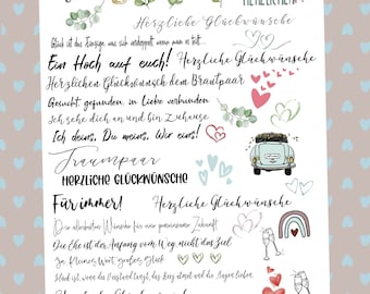 Wünsche zur Hochzeit Hochzeitswünsche Glückwünsche  Kerzensticker Tattoofolie Wasserschiebefolie DIN A 4