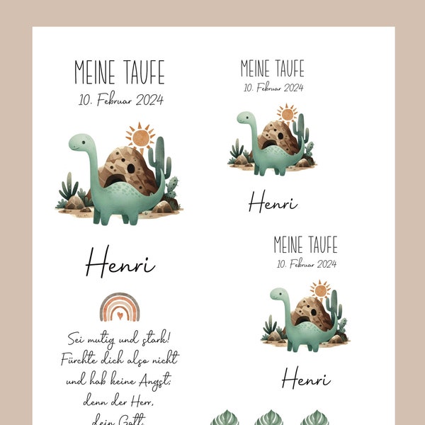 Kleiner Dino Dinosaurier Taufe Taufkerze Tischlichter  Kerzentattoos Kerzensticker Tattoofolie Wasserschiebefolie DIN A 4