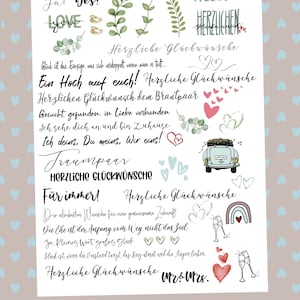 Wünsche zur Hochzeit Hochzeitswünsche Glückwünsche  Kerzensticker Tattoofolie Wasserschiebefolie DIN A 4