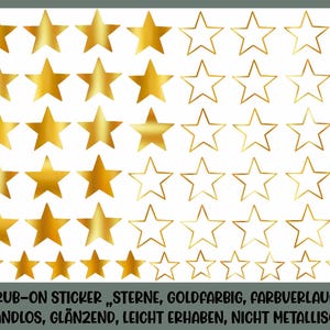 Könnte beinhalten: Eine Bogen mit goldenen Rub-on-Stickern mit Sternen mit einem Verlaufseffekt. Die Sterne sind randlos, glänzend und leicht erhaben. Der Text "RUB-ON STICKER "STERNE, GOLDFARBIG, FARBUERLAUF" RANDLOS, GLÄNZEND, LEICHT ERHABEN, NICHT METALLISCH" ist am unteren Rand des Bogens gedruckt.